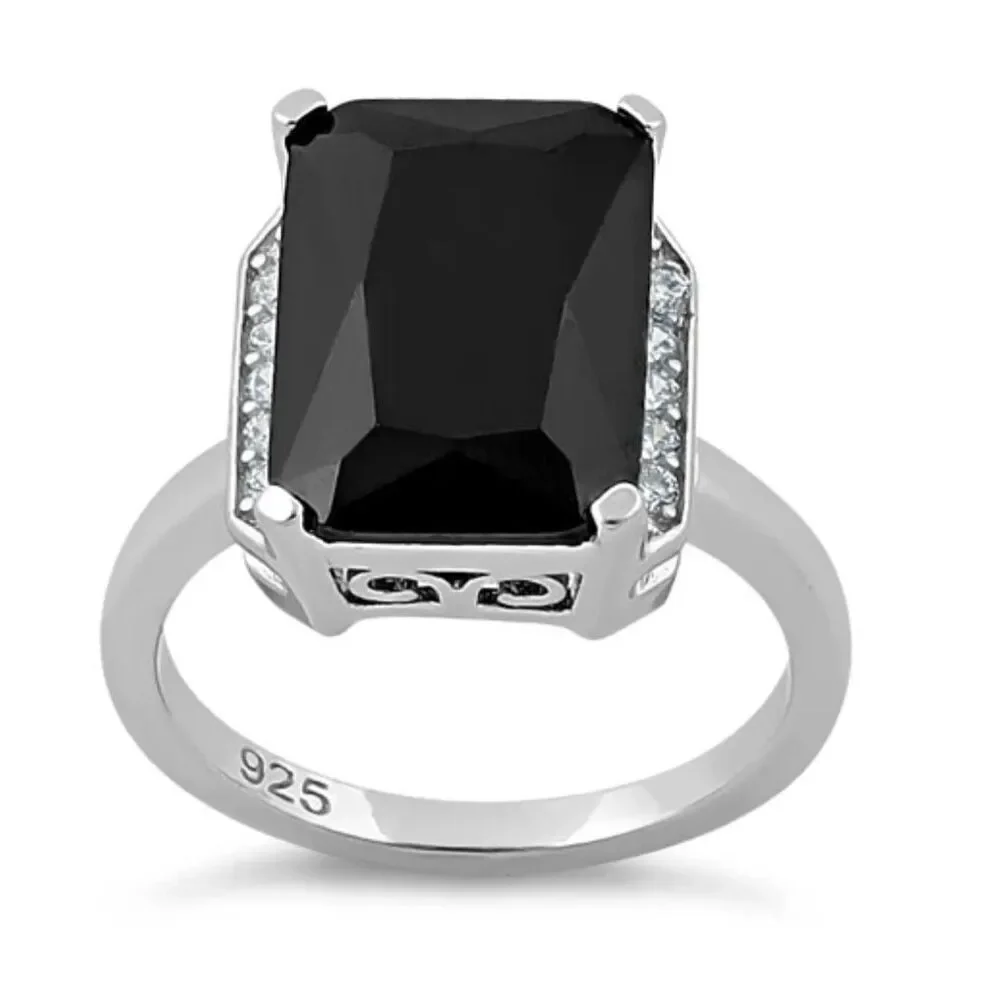 Sterling Silver Black Onyx Radiant Cut CZ Solitaire Ring Size 6 New